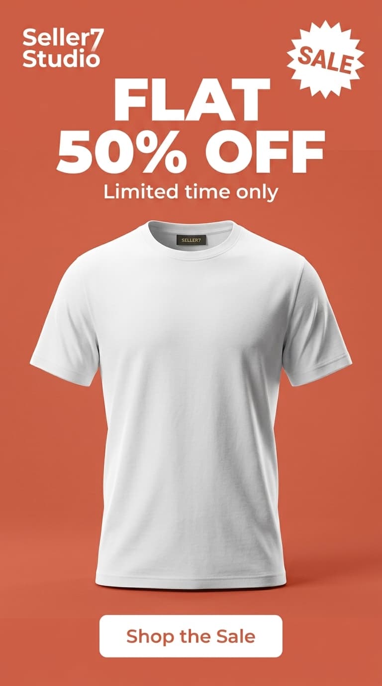 AI-generated bold sale style product photo of a white t-shirt for an online store listing