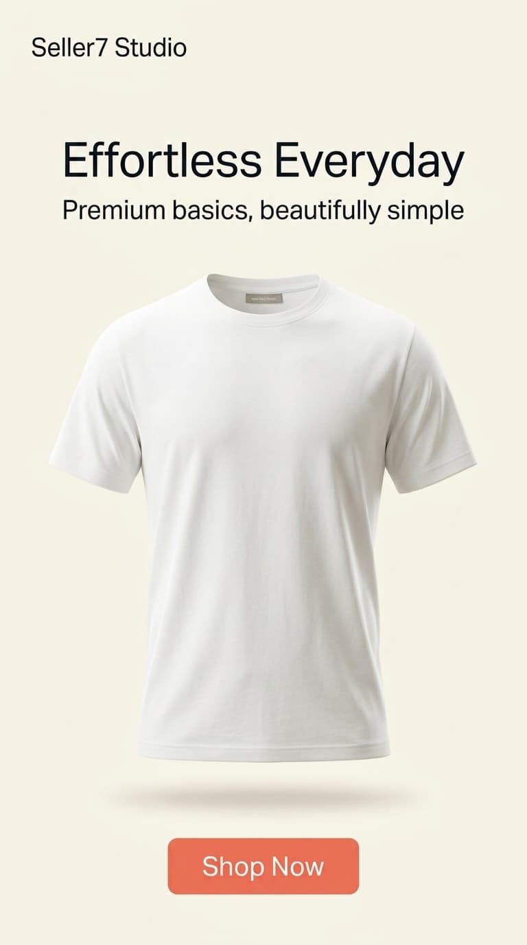 AI-generated minimal studio style product photo of a white t-shirt for an online store listing